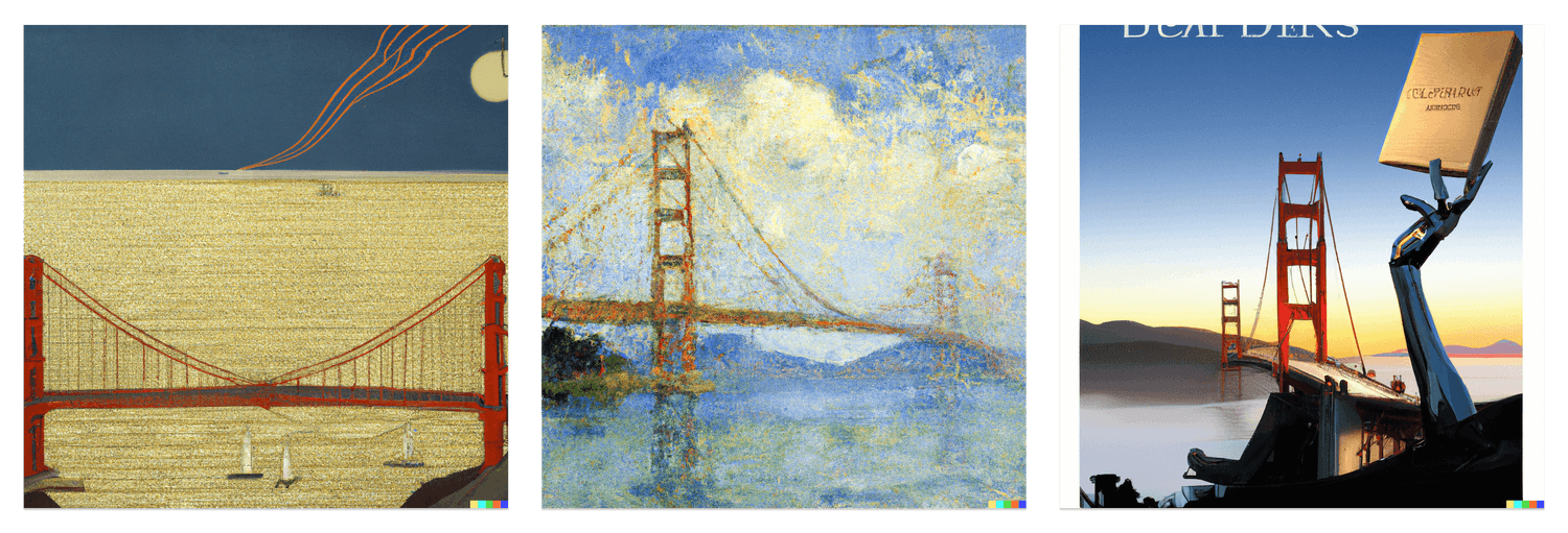 Three photos of the golden gate bridge from varying views, in their respective art styles