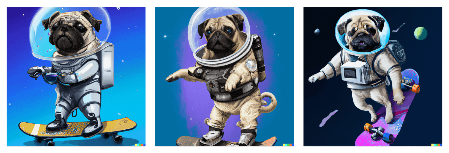 Three photos of a pug in an astronaut suit and helmet, riding on a skateboard, in various scenes with starts and planets in the background